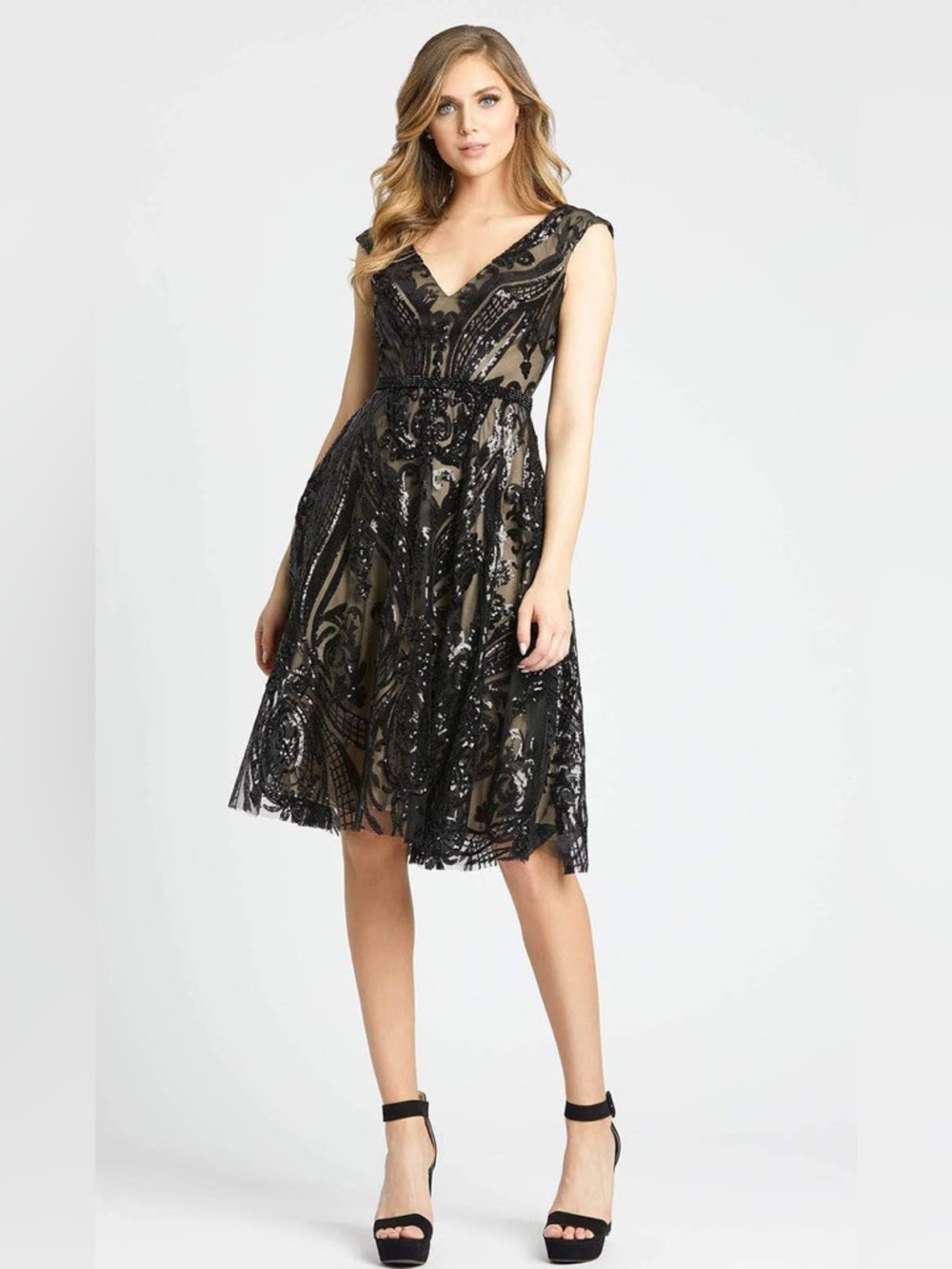 Mac Duggal Black Sequin V-Neck Cocktail Dress